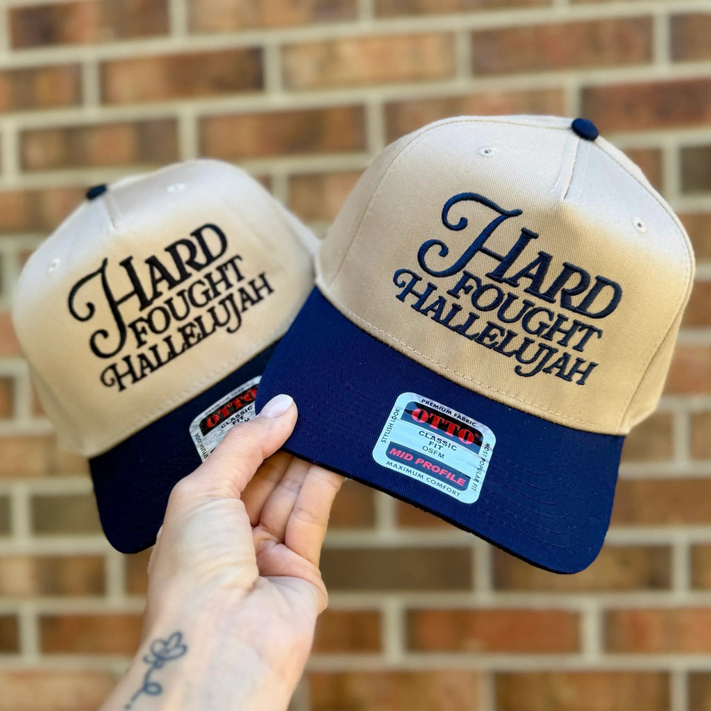 Hard Fought Hallelujah Embroidered Hat | Two Tone Trucker Hat | Faith Hat | Christian Gift | Puff Embroidery | Retro Baseball Cap - Two & Gathered