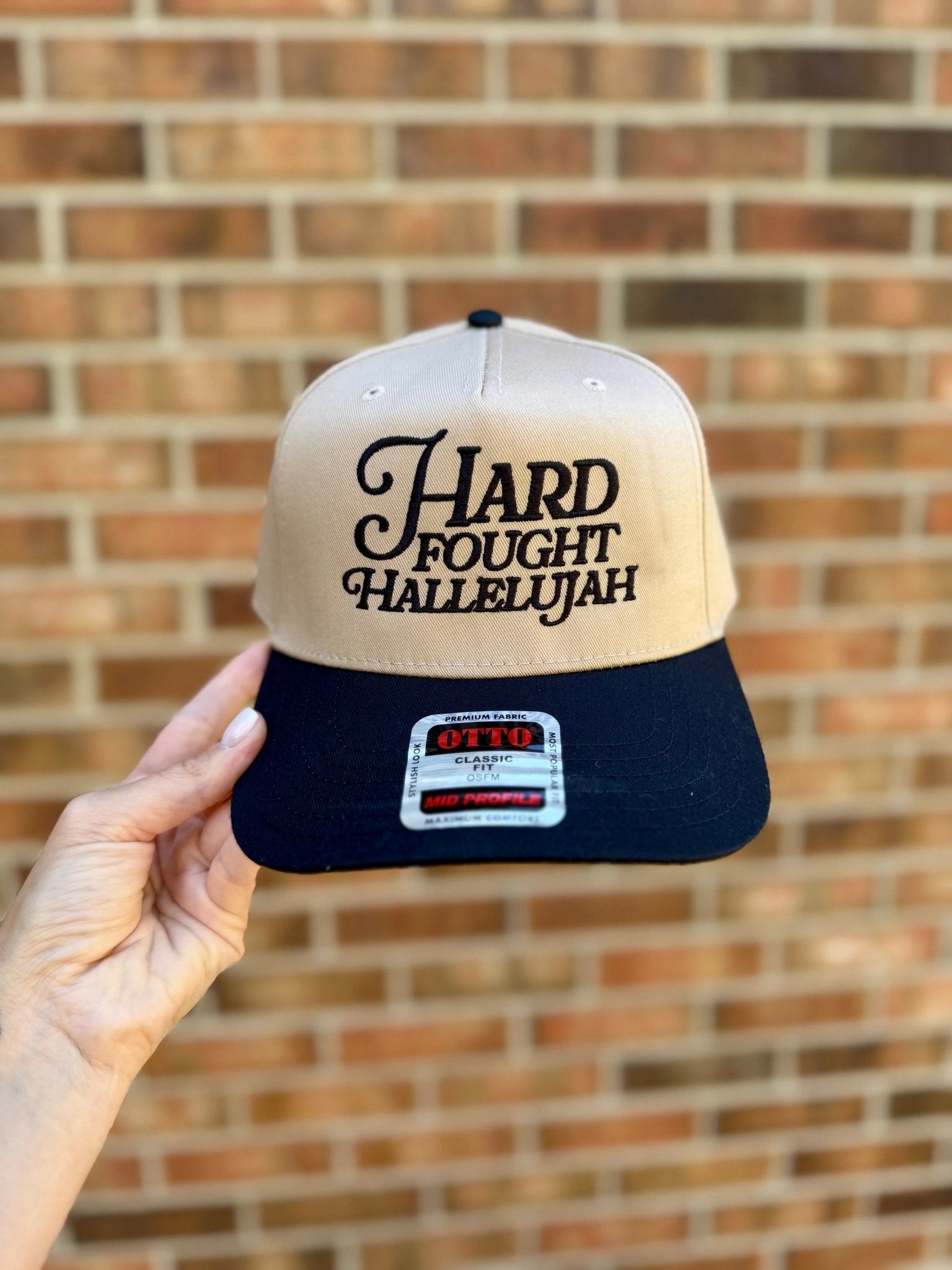 Hard Fought Hallelujah Embroidered Hat | Two Tone Trucker Hat | Faith Hat | Christian Gift | Puff Embroidery | Retro Baseball Cap - Two & Gathered