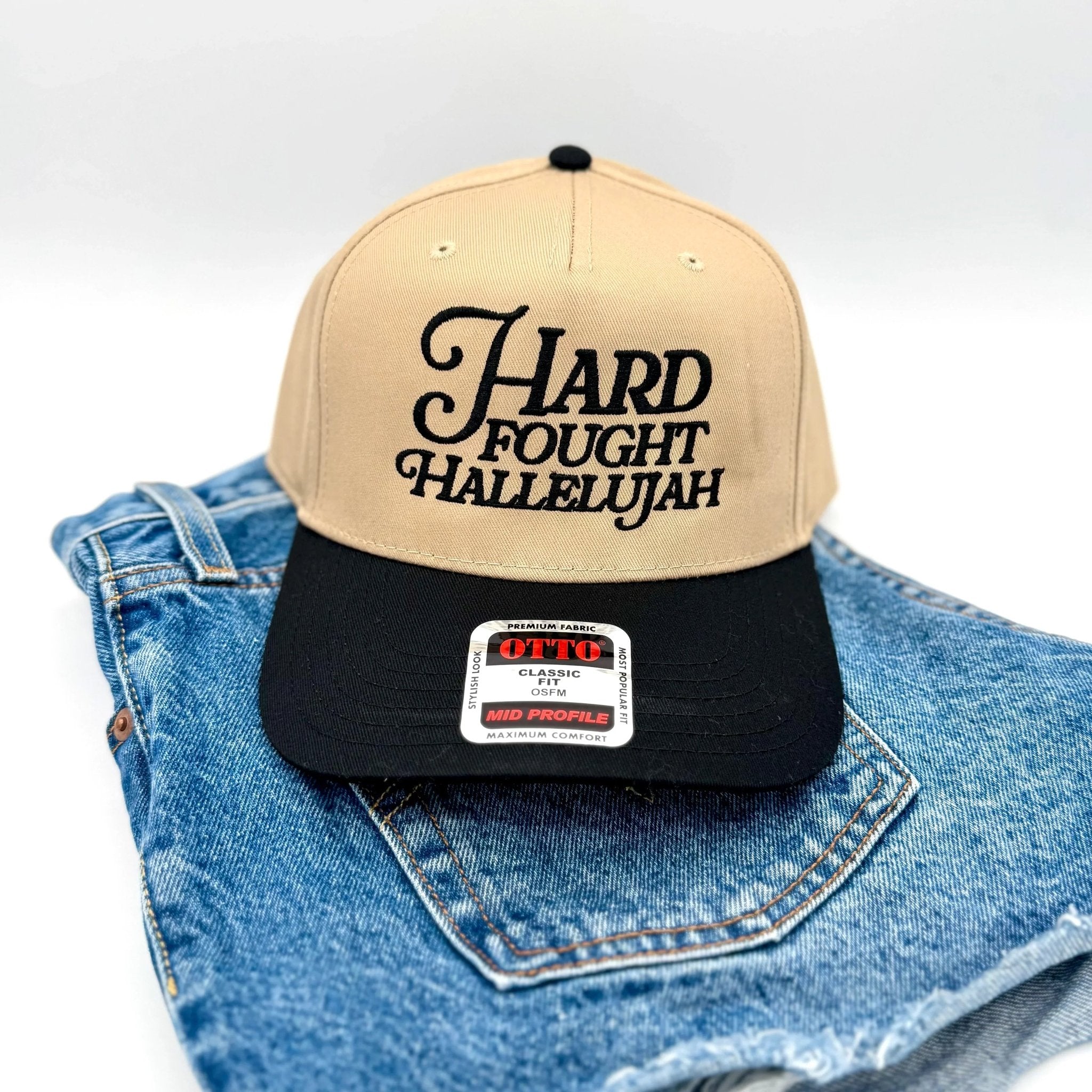 Hard Fought Hallelujah Embroidered Hat | Two Tone Trucker Hat | Faith Hat | Christian Gift | Puff Embroidery | Retro Baseball Cap - Two & Gathered