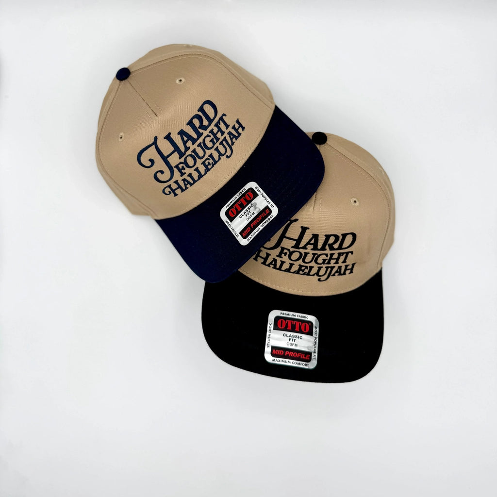 Hard Fought Hallelujah Embroidered Hat | Two Tone Trucker Hat | Faith Hat | Christian Gift | Puff Embroidery | Retro Baseball Cap - Two & Gathered