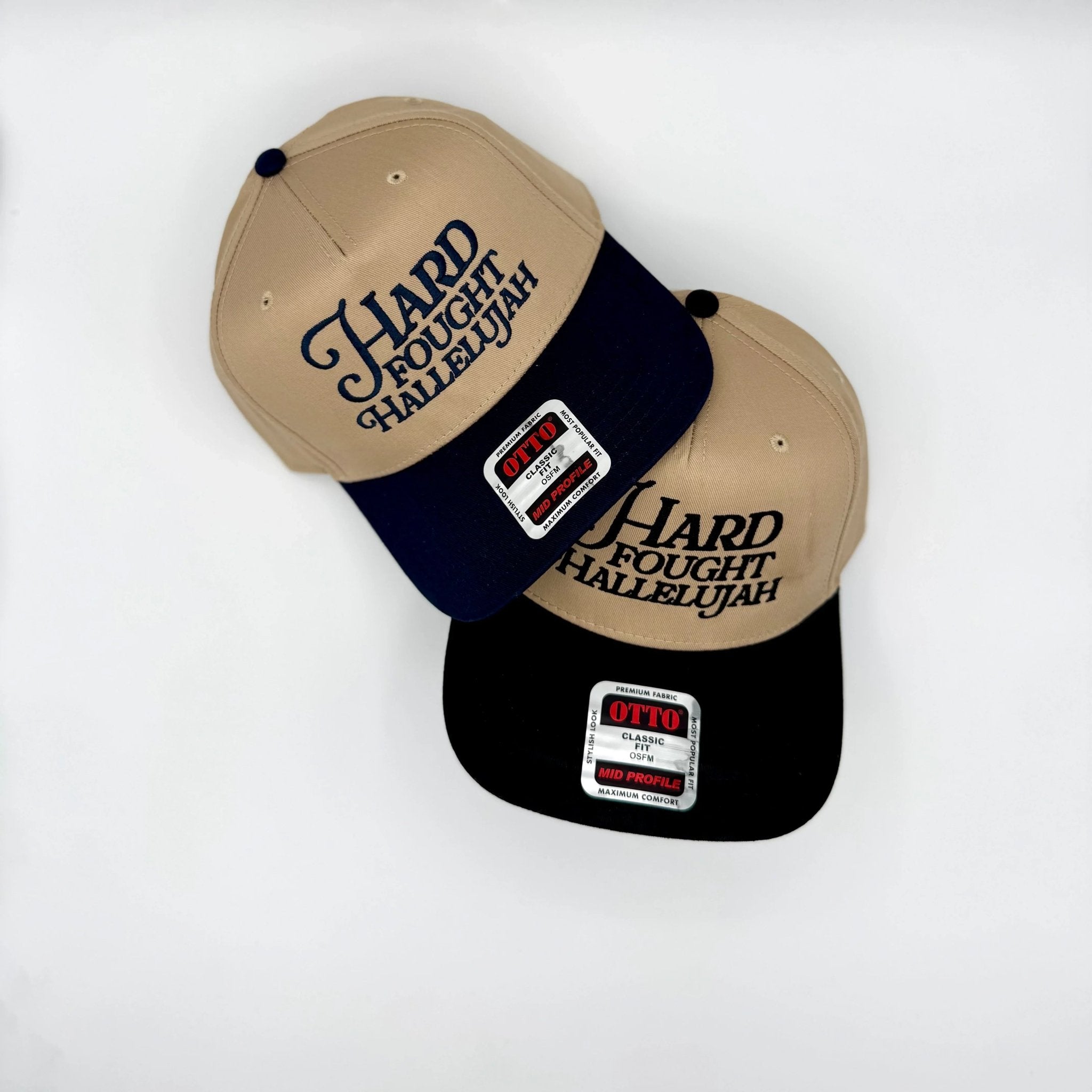 Hard Fought Hallelujah Embroidered Hat | Two Tone Trucker Hat | Faith Hat | Christian Gift | Puff Embroidery | Retro Baseball Cap - Two & Gathered