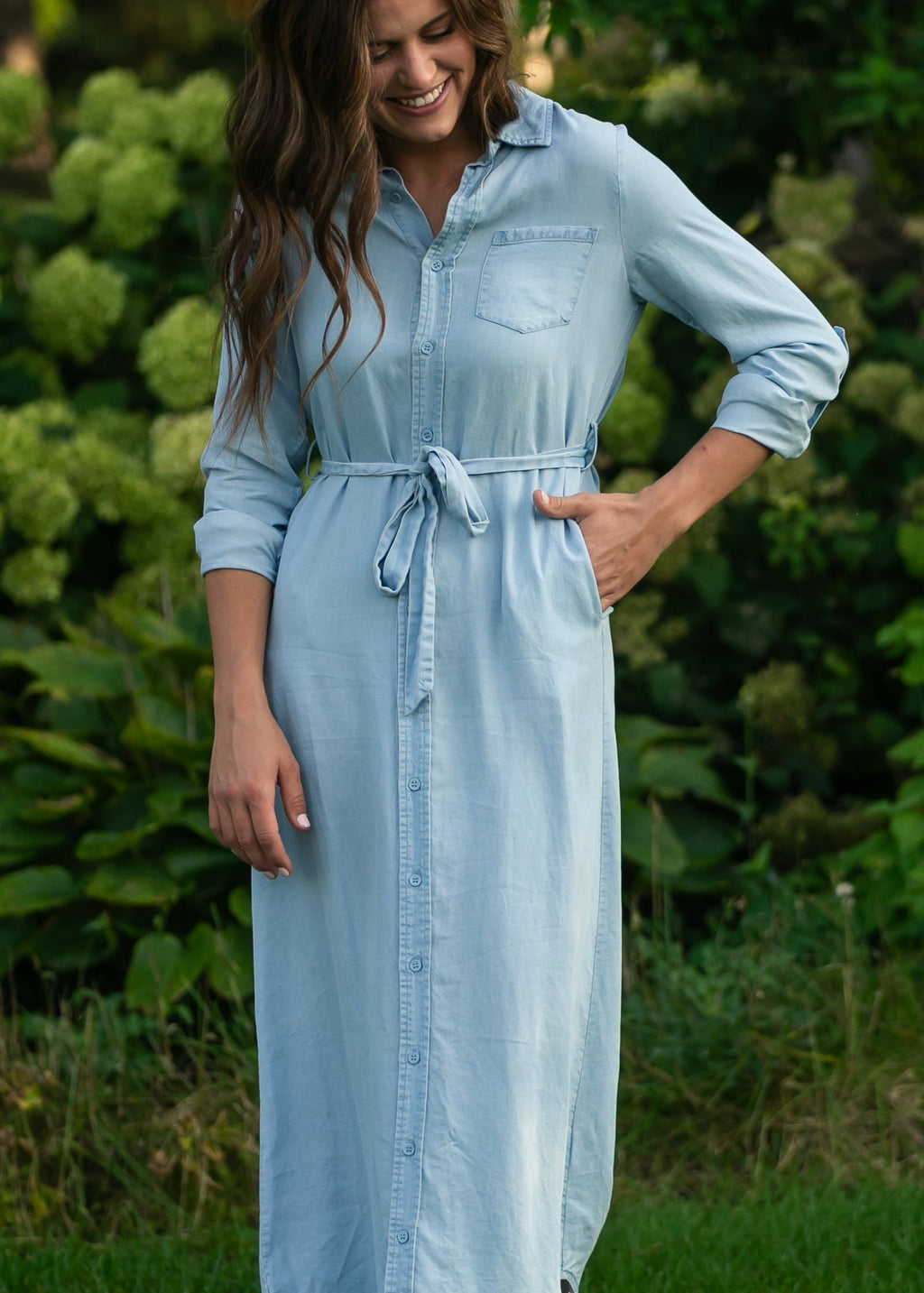 Hazel Chambray Long Sleeve Dress - Two & Gathered