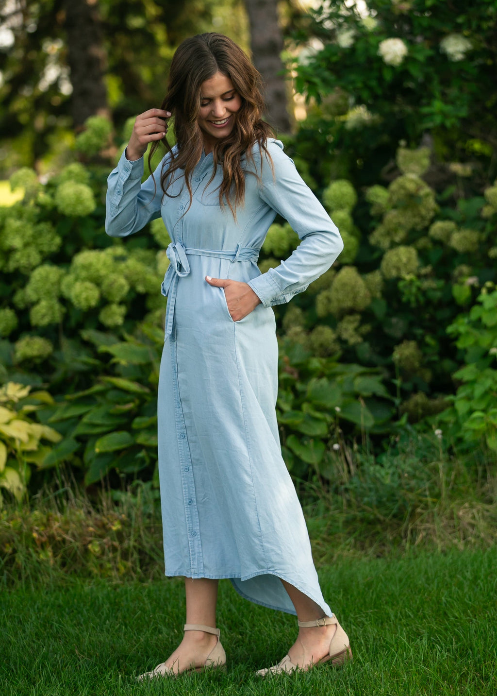 Hazel Chambray Long Sleeve Dress - Two & Gathered