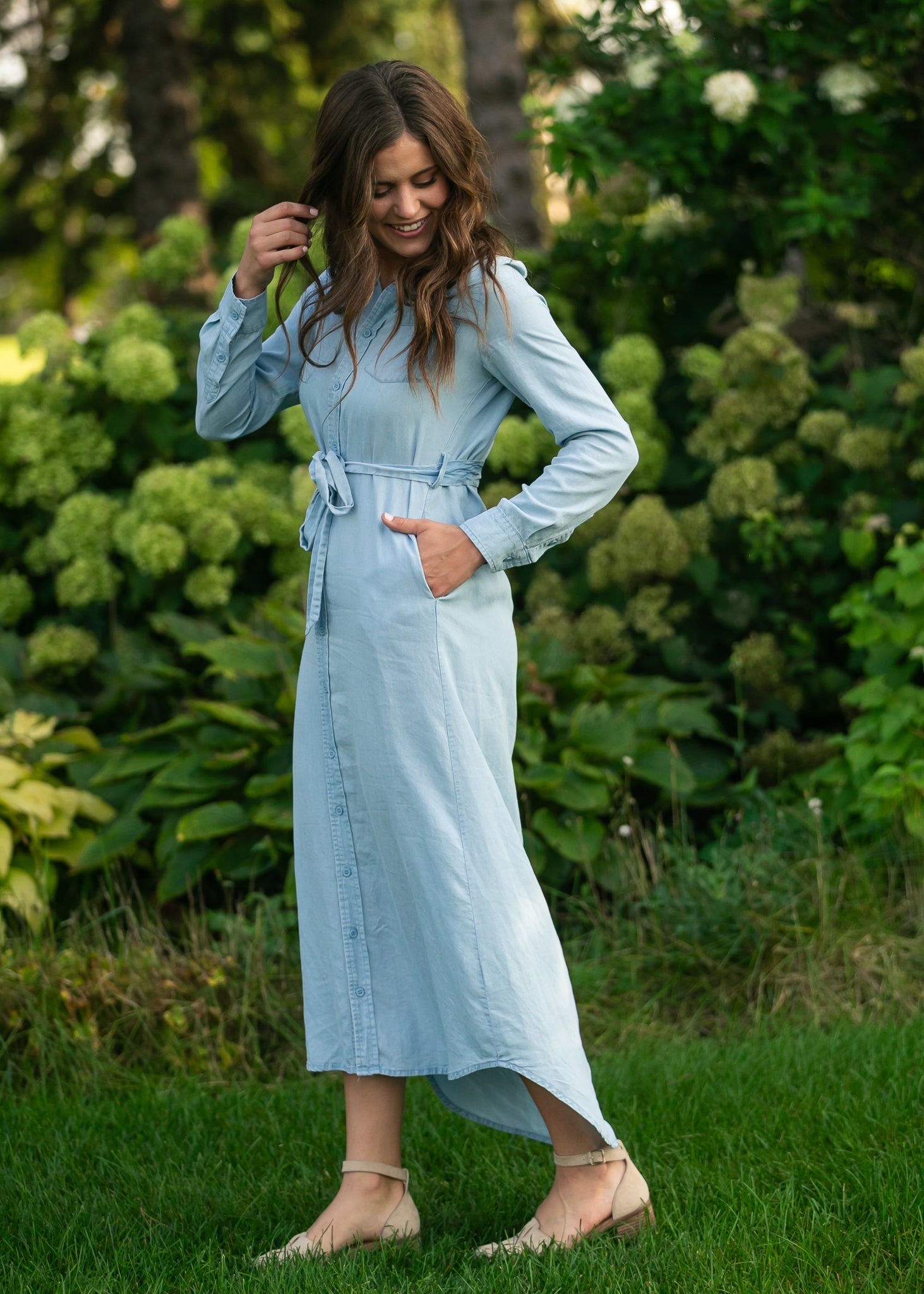 Hazel Chambray Long Sleeve Dress - Two & Gathered