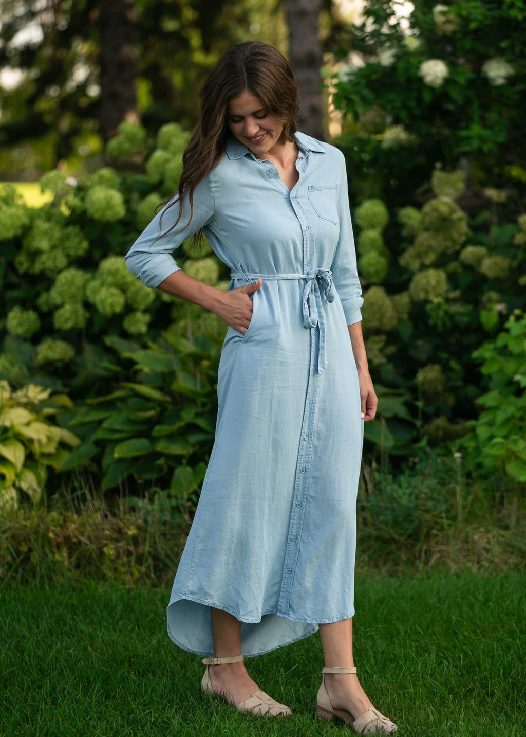 Hazel Chambray Long Sleeve Dress - Two & Gathered