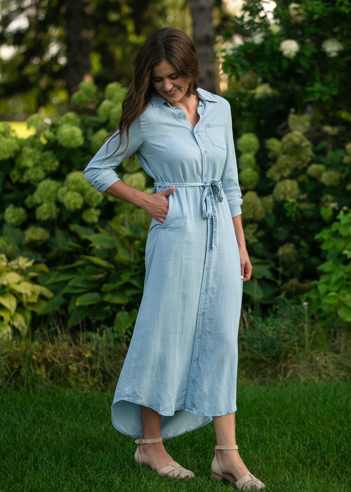 Hazel Chambray Long Sleeve Dress - Two & Gathered