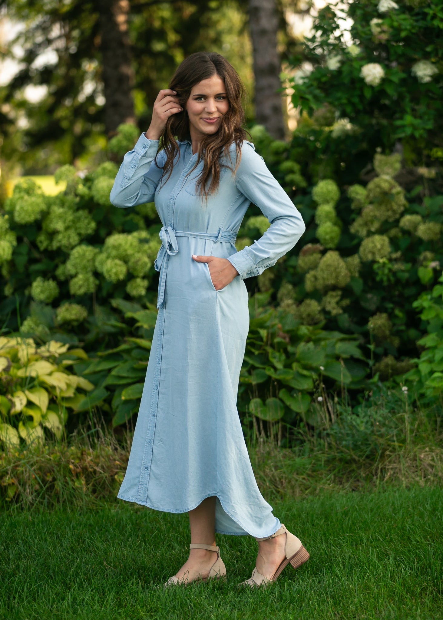 Hazel Chambray Long Sleeve Dress - Two & Gathered