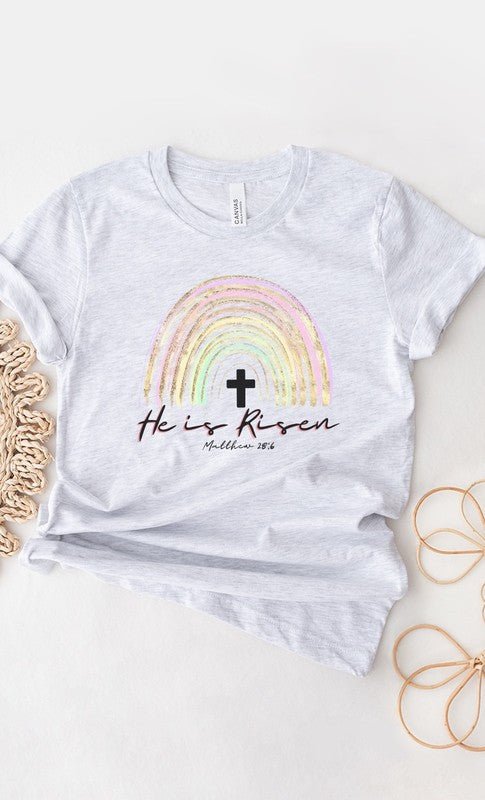 He Is Risen Easter Glitter Rainbow Graphic Tee T-Shirt - Two & Gathered