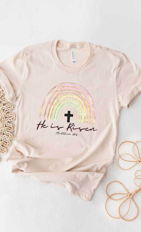 He Is Risen Easter Glitter Rainbow Graphic Tee T-Shirt - Two & Gathered