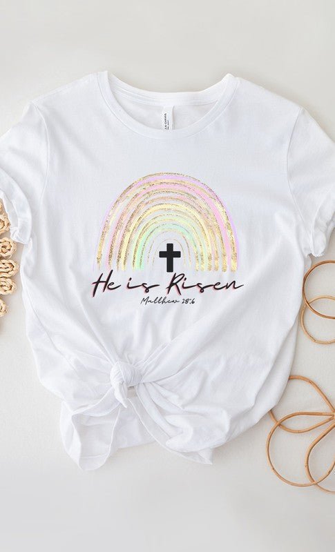 He Is Risen Easter Glitter Rainbow Graphic Tee T-Shirt - Two & Gathered