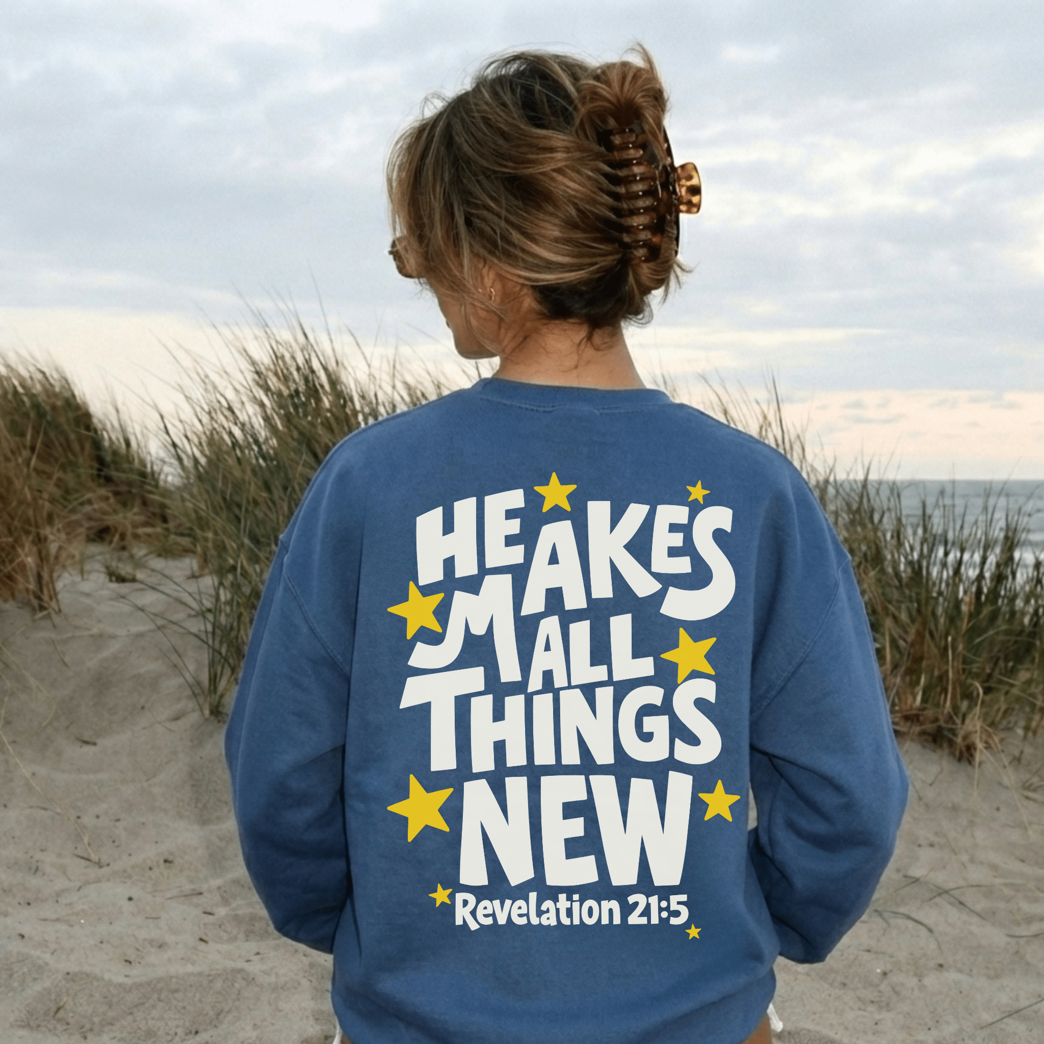 He Makes All Things New Crewneck Sweatshirt | Christian Coastal Graphic Sweatshirt | Revelation 21:5 Faith Pullover - Two & Gathered