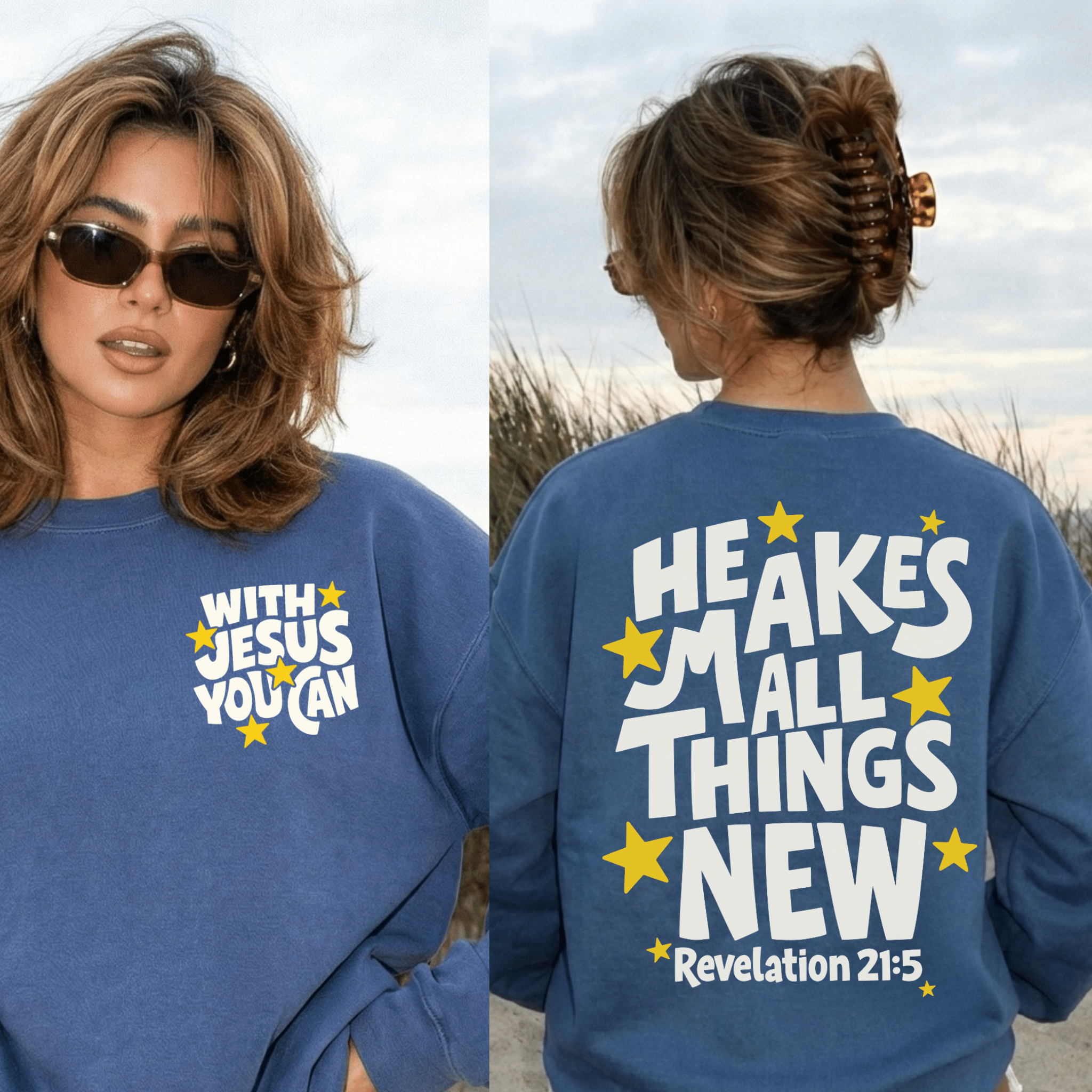 He Makes All Things New Crewneck Sweatshirt | Christian Coastal Graphic Sweatshirt | Revelation 21:5 Faith Pullover - Two & Gathered