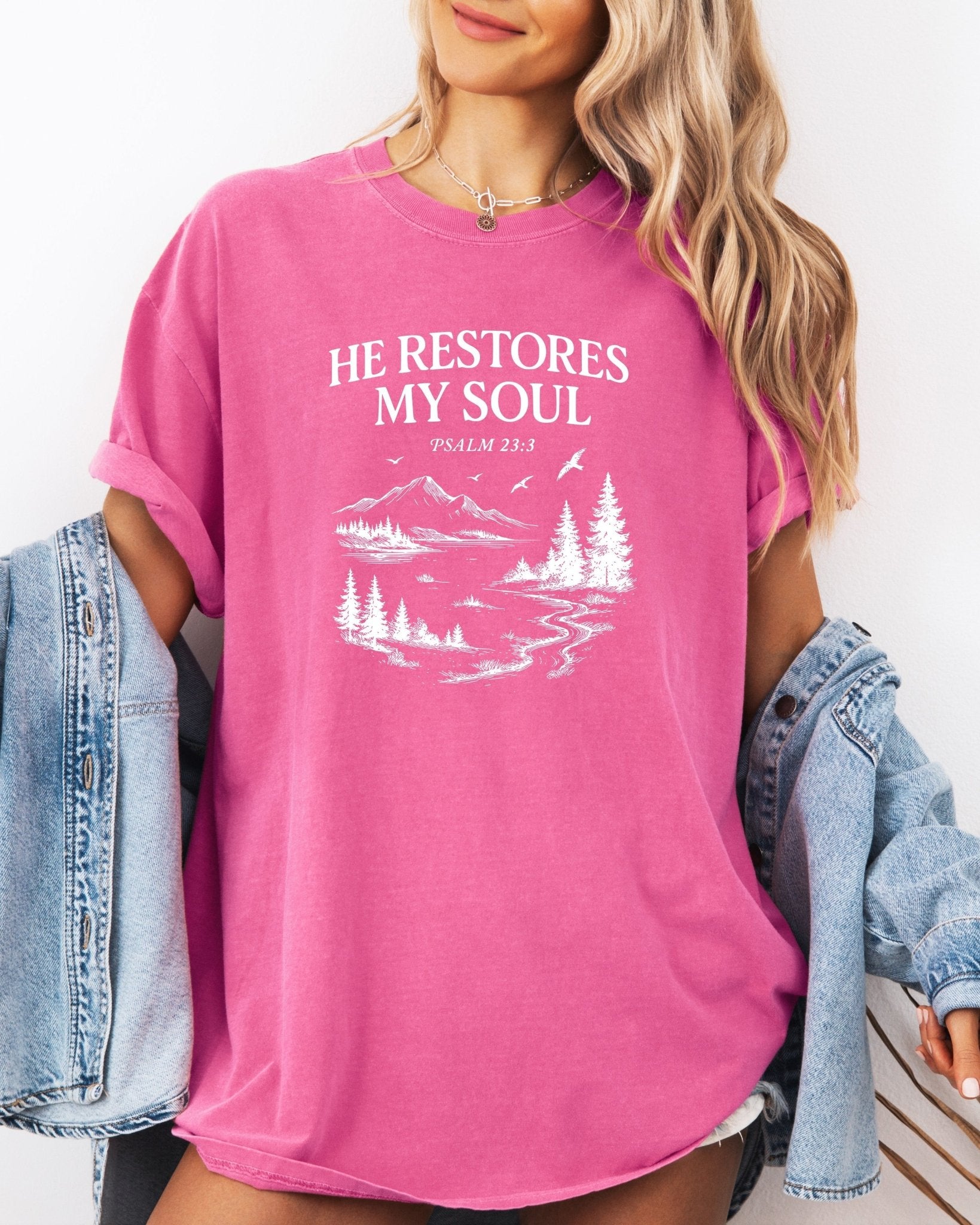 He restores my Soul Psalm Bible Christian Comfort Colors Garment Dyed T Shirt - Two & Gathered