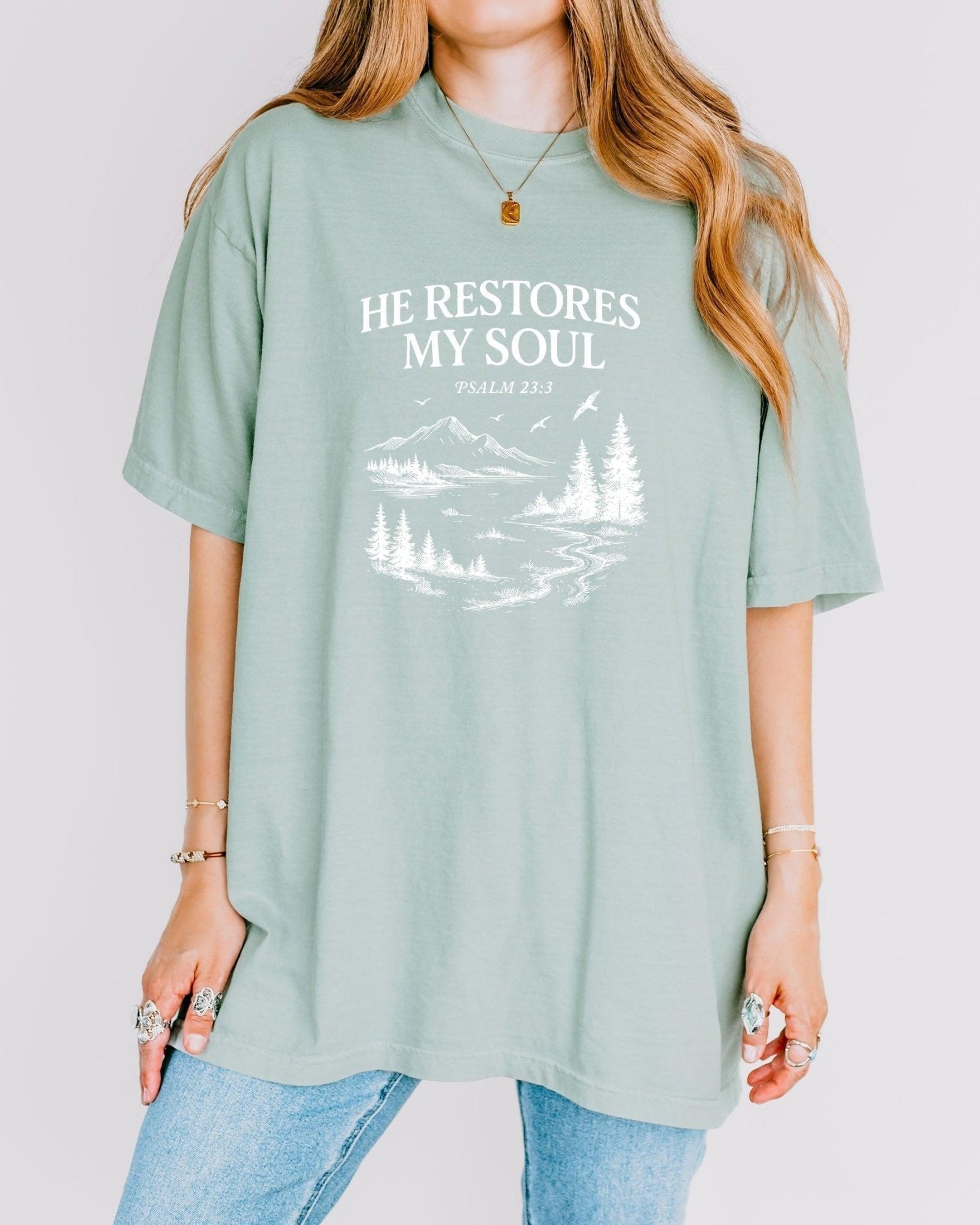 He restores my Soul Psalm Bible Christian Comfort Colors Garment Dyed T Shirt - Two & Gathered