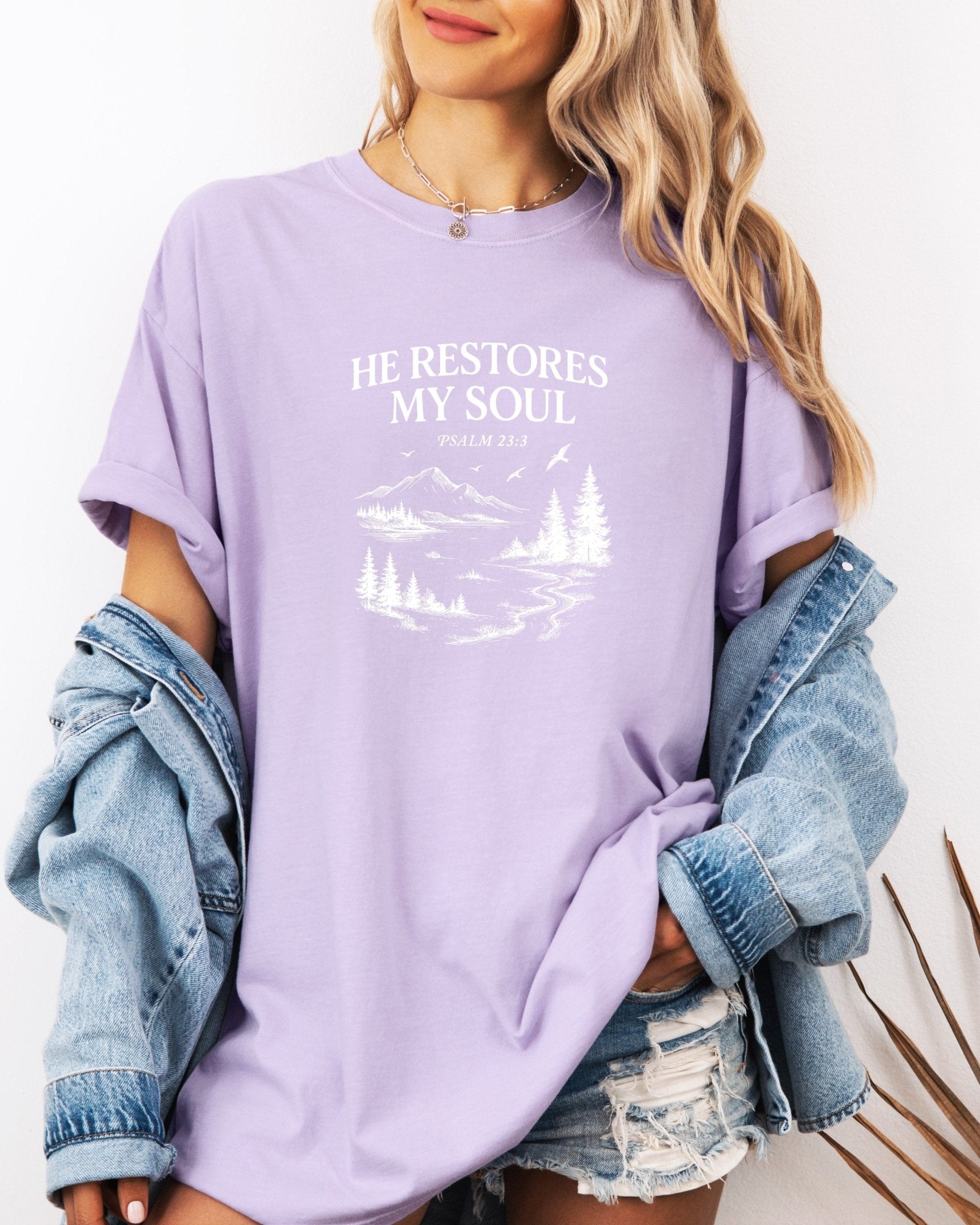 He restores my Soul Psalm Bible Christian Comfort Colors Garment Dyed T Shirt - Two & Gathered