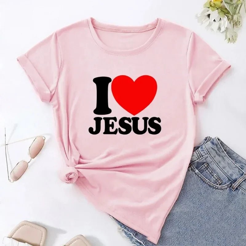 I Love Jesus Women T Shirts Round Neck Christian Faith Church Bible T-Shirt Short Sleeve T Shirt Streetwear Tops graphic t shirt - Two & Gathered