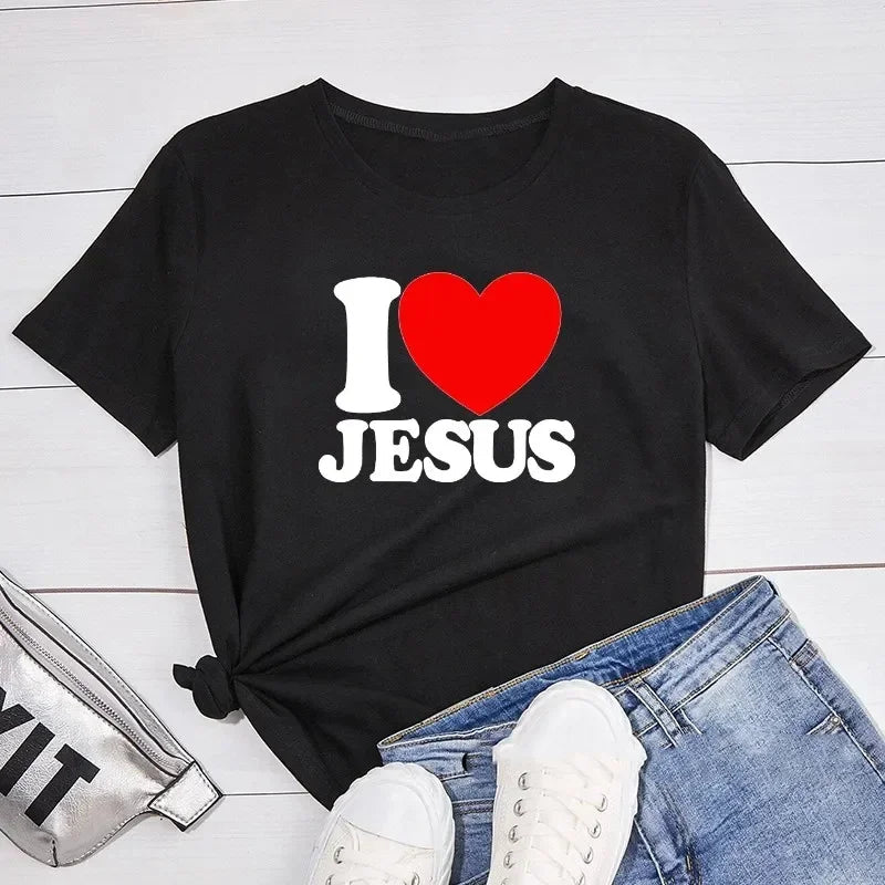 I Love Jesus Women T Shirts Round Neck Christian Faith Church Bible T-Shirt Short Sleeve T Shirt Streetwear Tops graphic t shirt - Two & Gathered