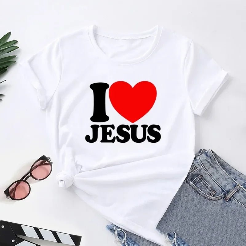 I Love Jesus Women T Shirts Round Neck Christian Faith Church Bible T-Shirt Short Sleeve T Shirt Streetwear Tops graphic t shirt - Two & Gathered
