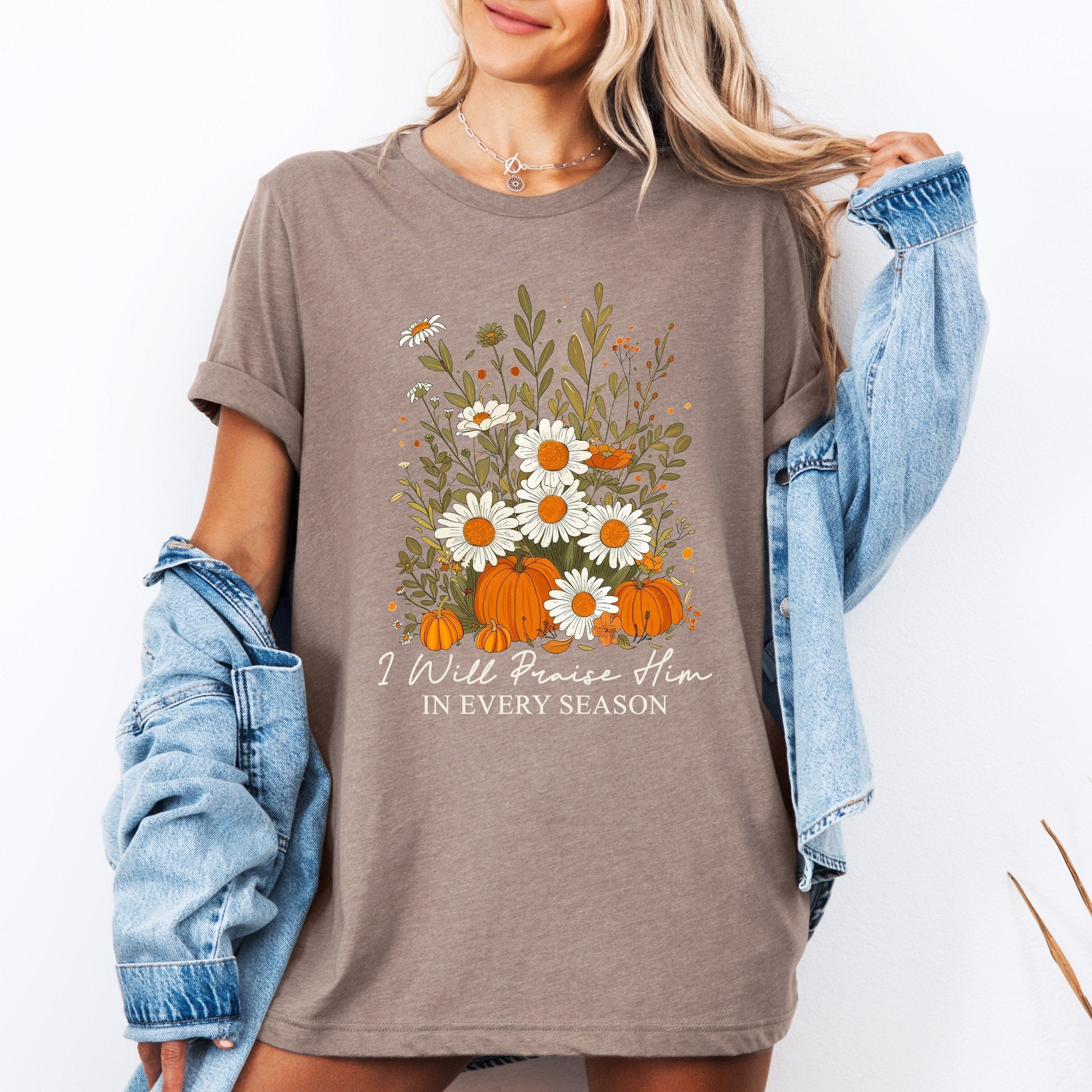 I Will Praise Him In Every Season, Psalm 34 - 1, Faith, Christian, Autumn, Pumpkin, Fall, Tshirt - Two & Gathered