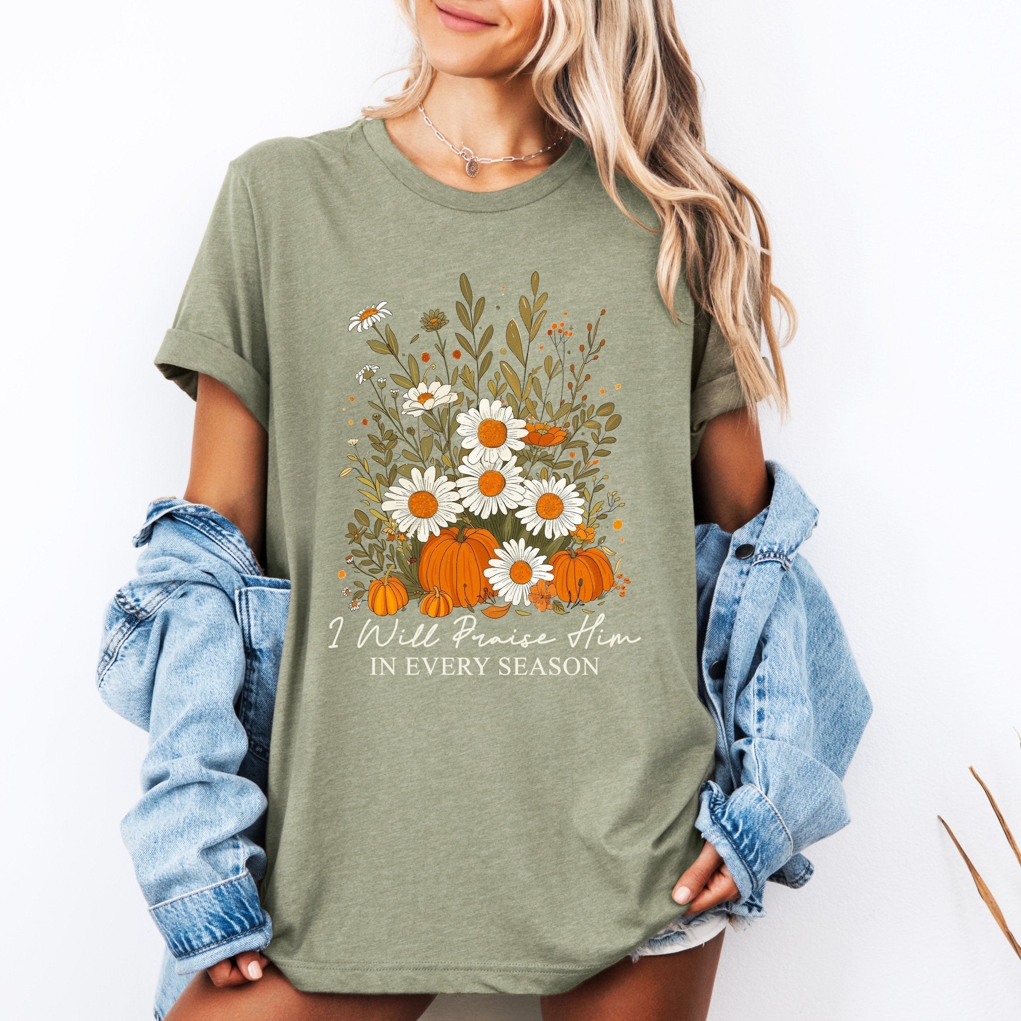 I Will Praise Him In Every Season, Psalm 34 - 1, Faith, Christian, Autumn, Pumpkin, Fall, Tshirt - Two & Gathered