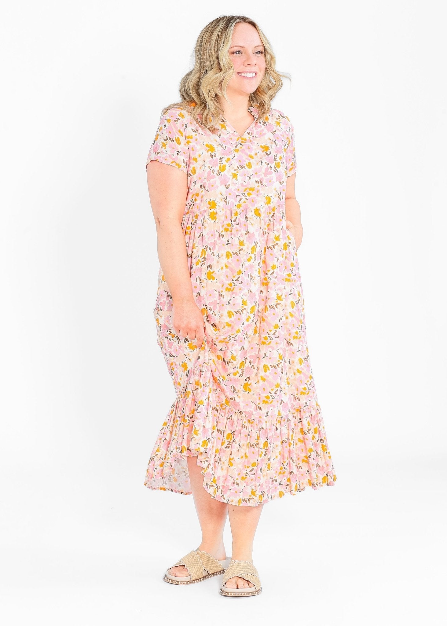 Jaydrien Floral Flutter Sleeve Midi Dress - Two & Gathered
