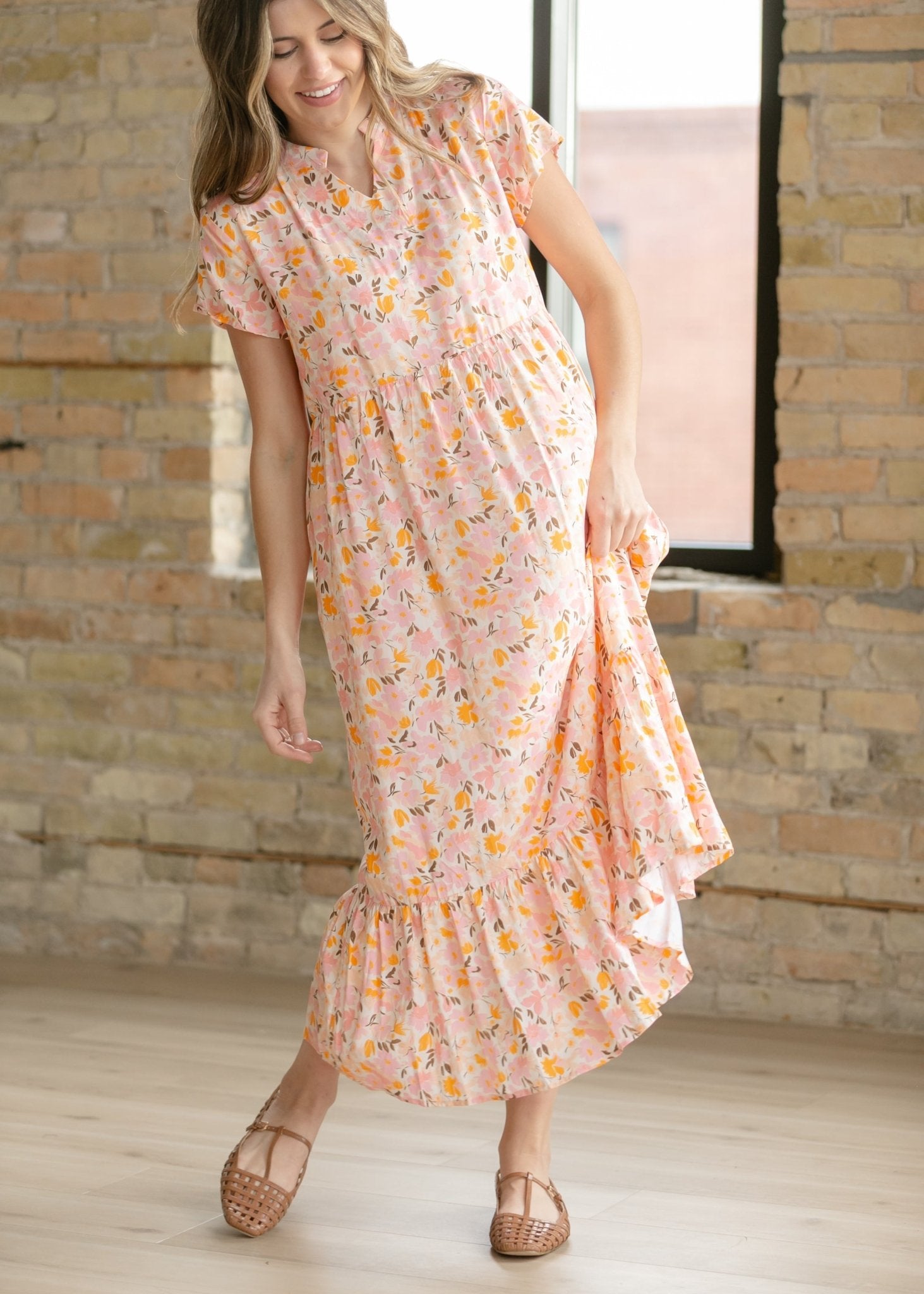 Jaydrien Floral Flutter Sleeve Midi Dress - Two & Gathered