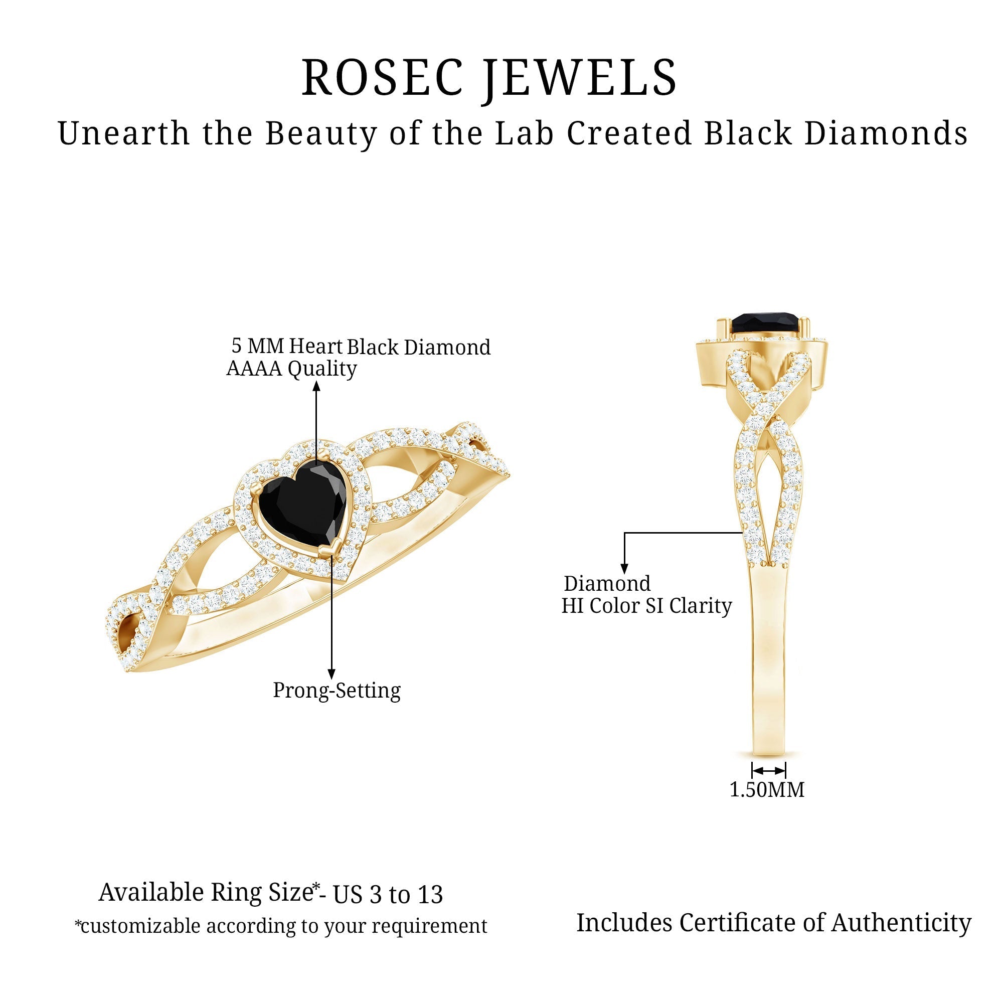 Lab Grown Black Diamond Heart Engagement Ring with Criss Cross Shank - Two & Gathered