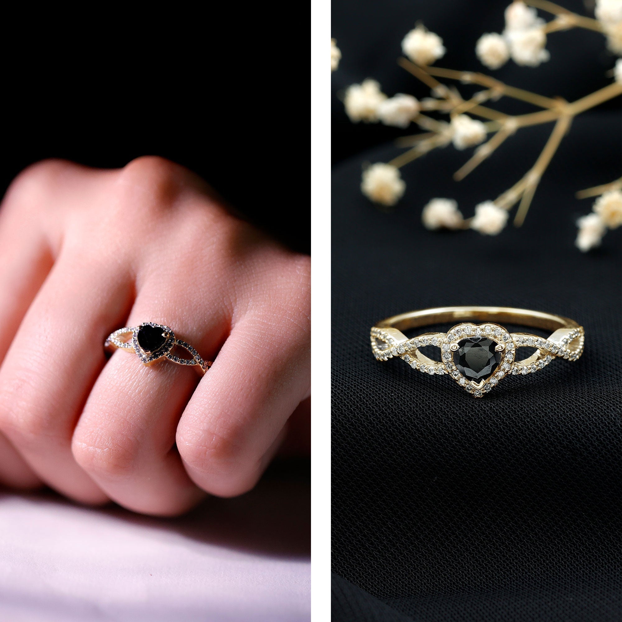 Lab Grown Black Diamond Heart Engagement Ring with Criss Cross Shank - Two & Gathered