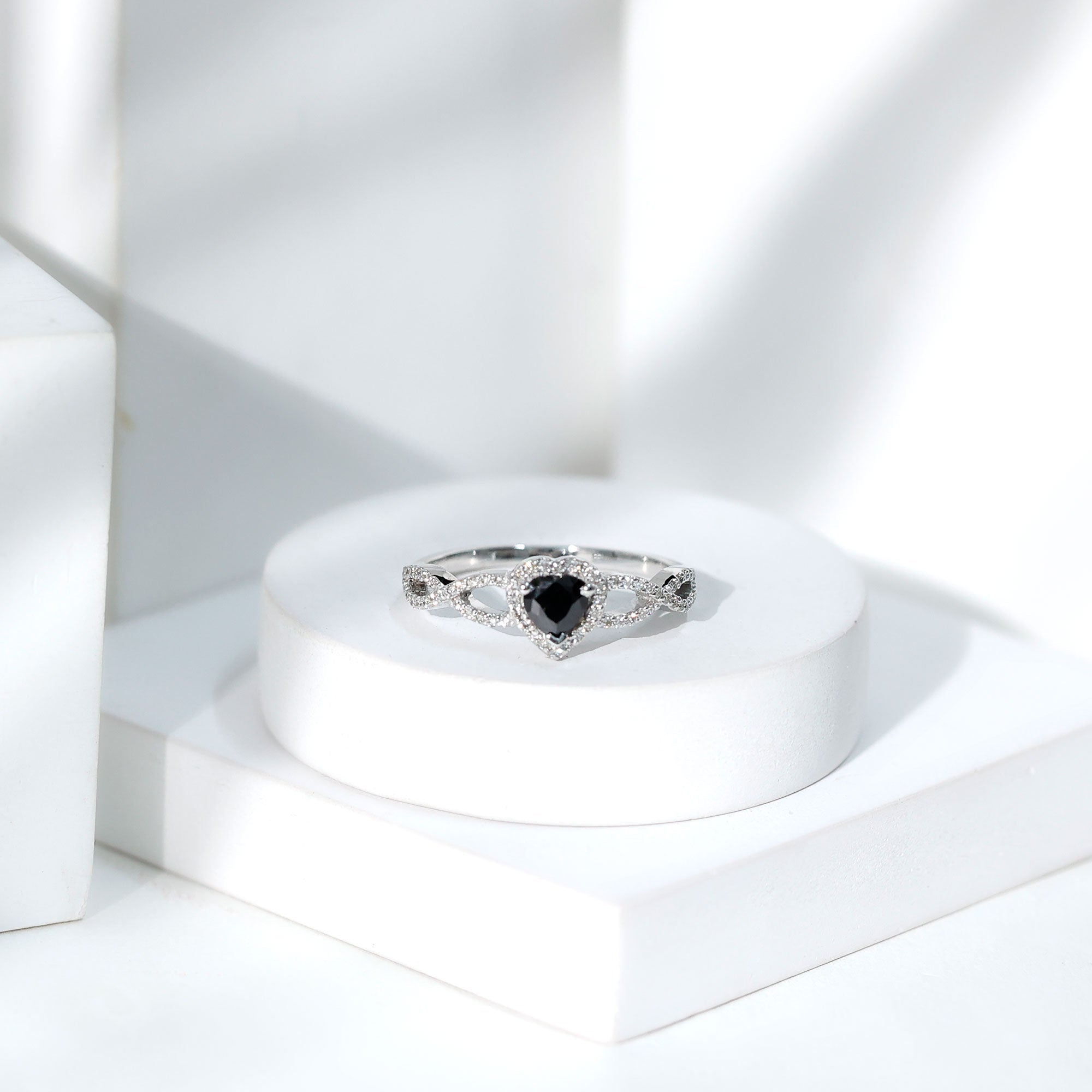 Lab Grown Black Diamond Heart Engagement Ring with Criss Cross Shank - Two & Gathered