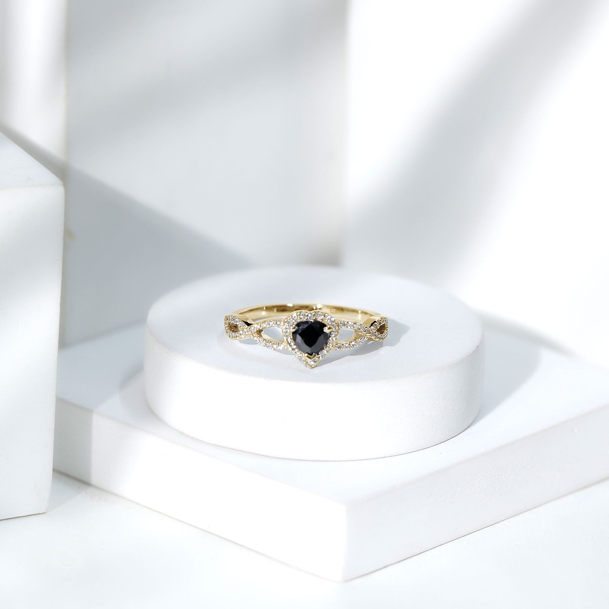 Lab Grown Black Diamond Heart Engagement Ring with Criss Cross Shank - Two & Gathered