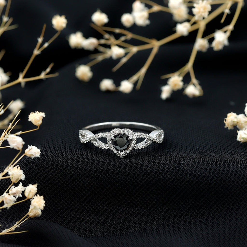 Lab Grown Black Diamond Heart Engagement Ring with Criss Cross Shank - Two & Gathered
