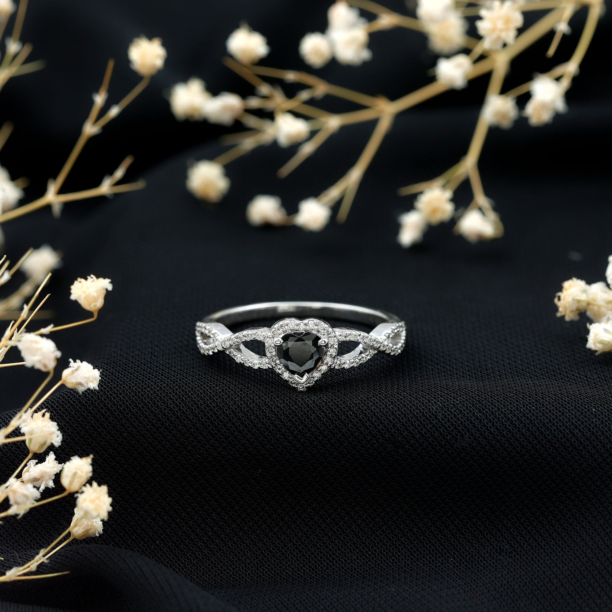 Lab Grown Black Diamond Heart Engagement Ring with Criss Cross Shank - Two & Gathered