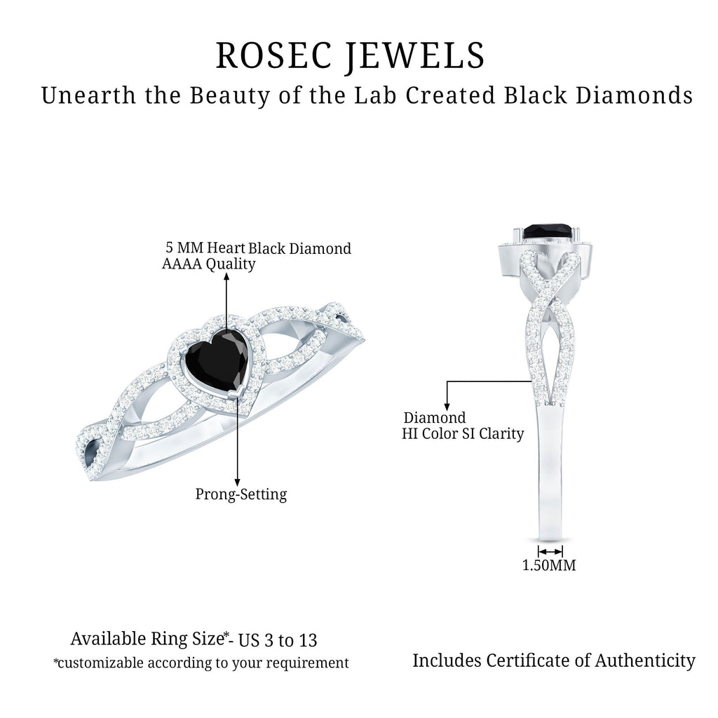 Lab Grown Black Diamond Heart Engagement Ring with Criss Cross Shank - Two & Gathered