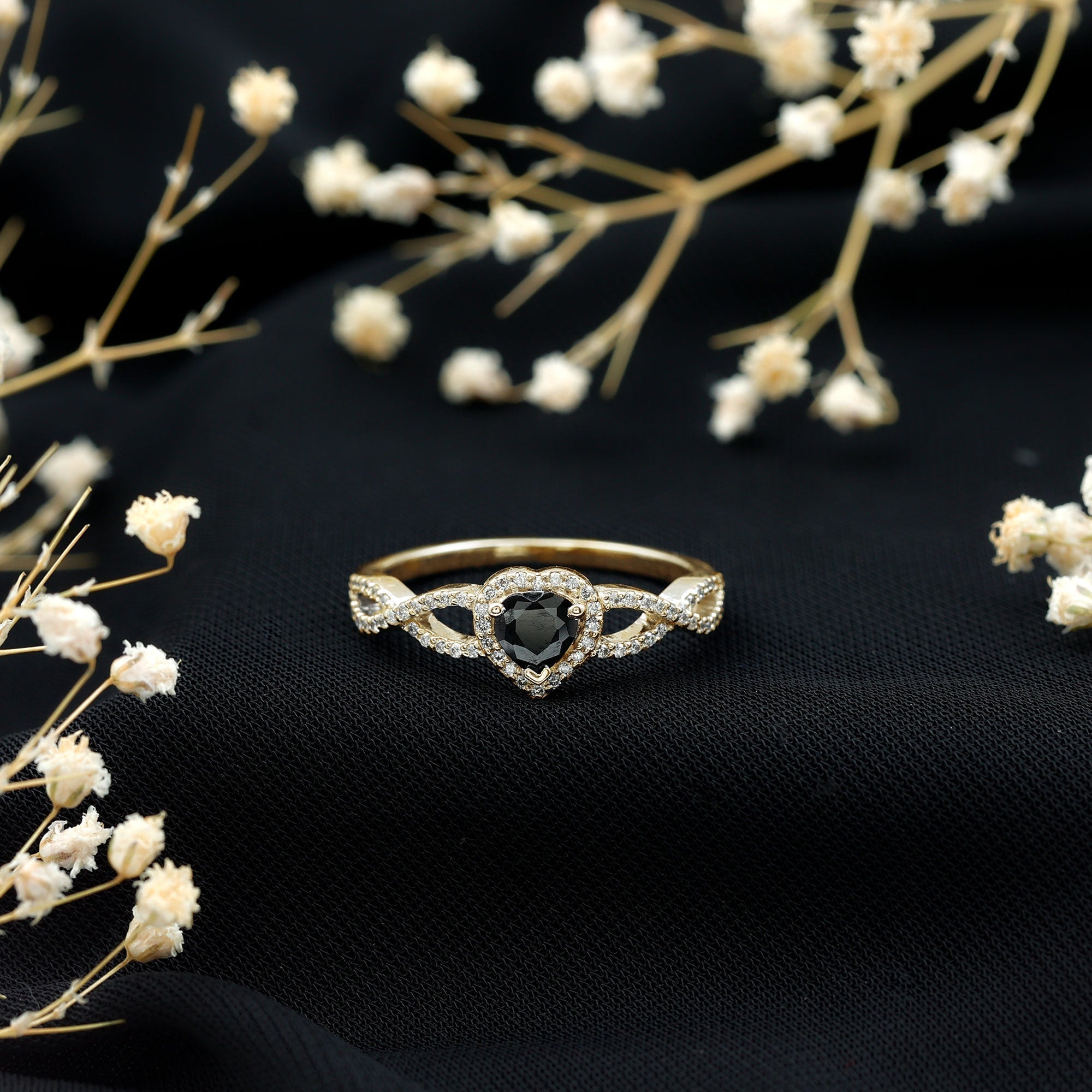 Lab Grown Black Diamond Heart Engagement Ring with Criss Cross Shank - Two & Gathered