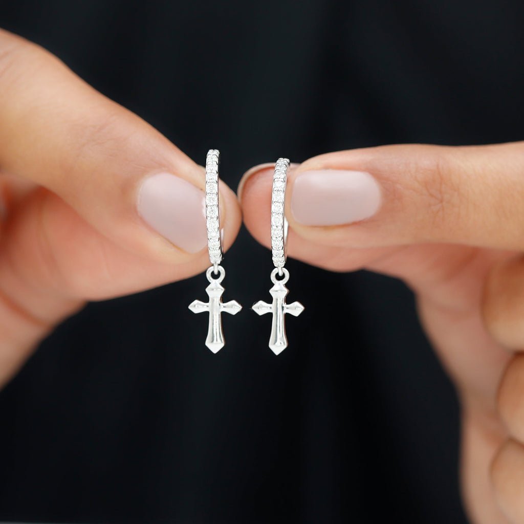 Lab Grown Diamond Holy Cross Hoop Drop Earrings For Women - Two & Gathered