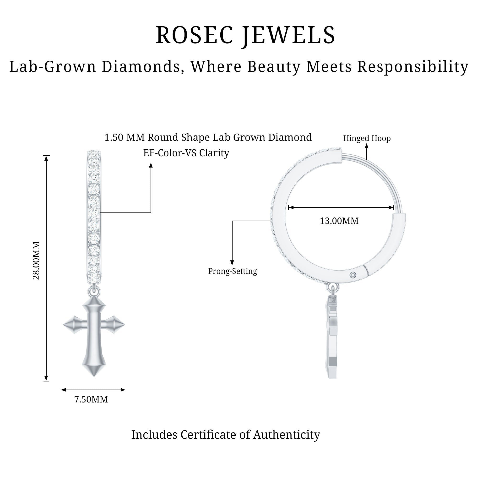 Lab Grown Diamond Holy Cross Hoop Drop Earrings For Women - Two & Gathered