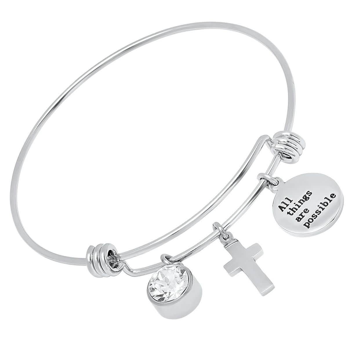 Ladies 18K Gold Plated Stainless Steel Bracelet with Our Father, Faith and Cross Charms - Two & Gathered