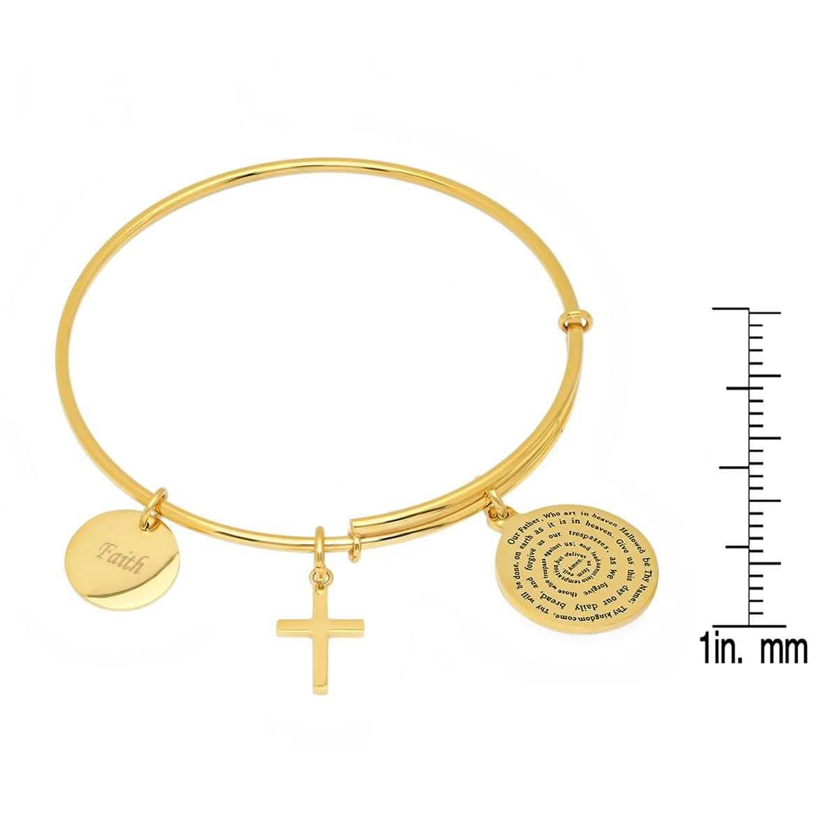 Ladies 18K Gold Plated Stainless Steel Bracelet with Our Father, Faith and Cross Charms - Two & Gathered