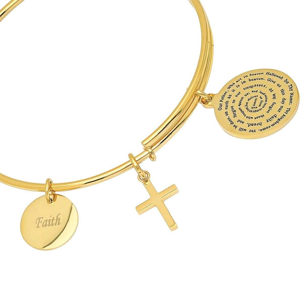 Ladies 18K Gold Plated Stainless Steel Bracelet with Our Father, Faith and Cross Charms - Two & Gathered