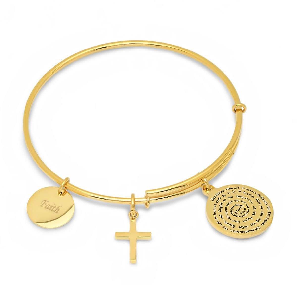 Ladies 18K Gold Plated Stainless Steel Bracelet with Our Father, Faith and Cross Charms - Two & Gathered