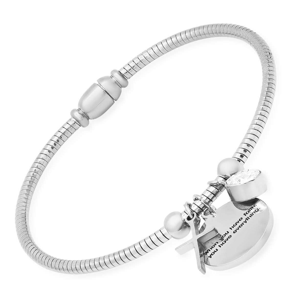 Ladies Stainless Steel "When you have faith…"Swarovski Crystal and Cross Charm Snake Chain Bracelet - Two & Gathered