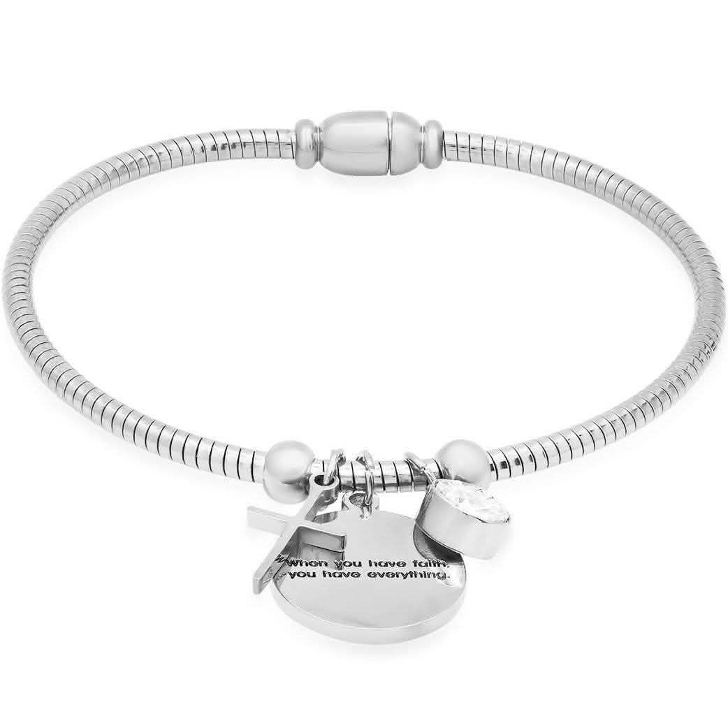 Ladies Stainless Steel "When you have faith…"Swarovski Crystal and Cross Charm Snake Chain Bracelet - Two & Gathered