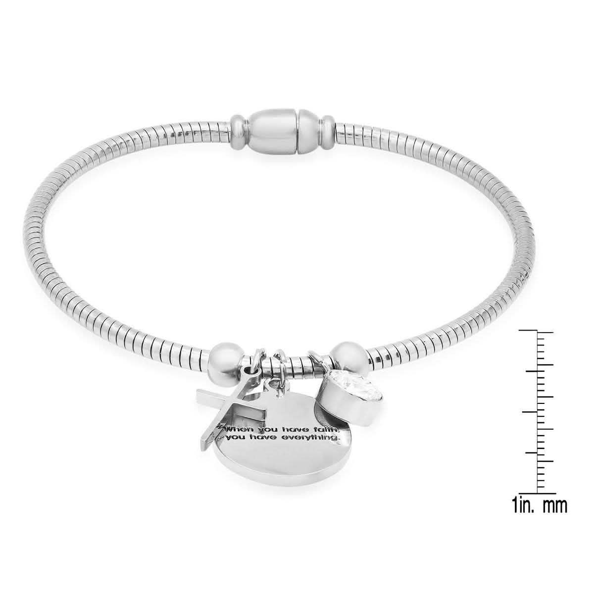 Ladies Stainless Steel "When you have faith…"Swarovski Crystal and Cross Charm Snake Chain Bracelet - Two & Gathered