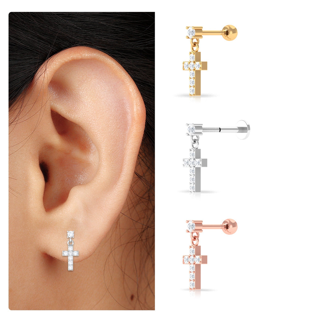 Moissanite Cross Dangly Earring for Helix Piercing - Two & Gathered
