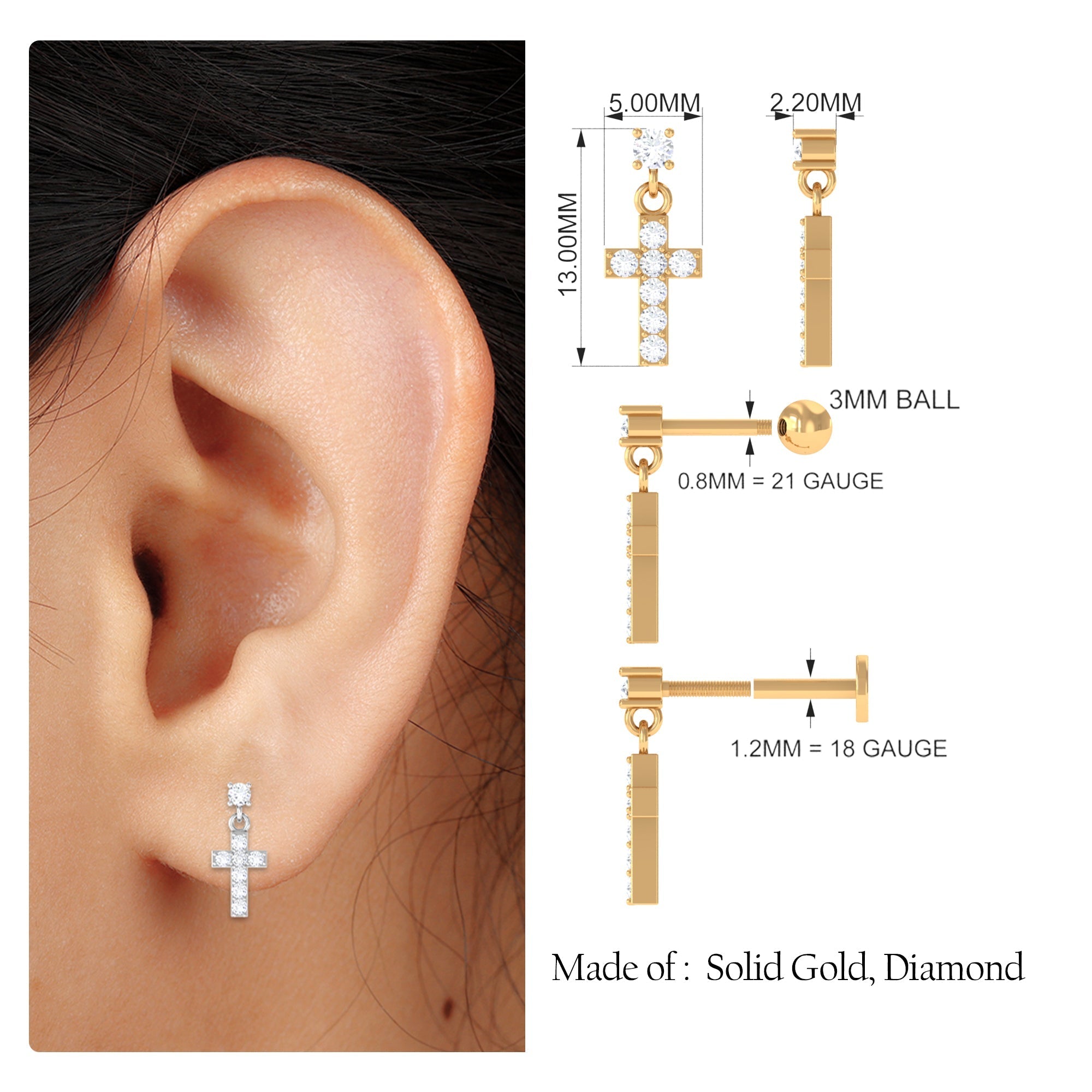 Moissanite Cross Dangly Earring for Helix Piercing - Two & Gathered