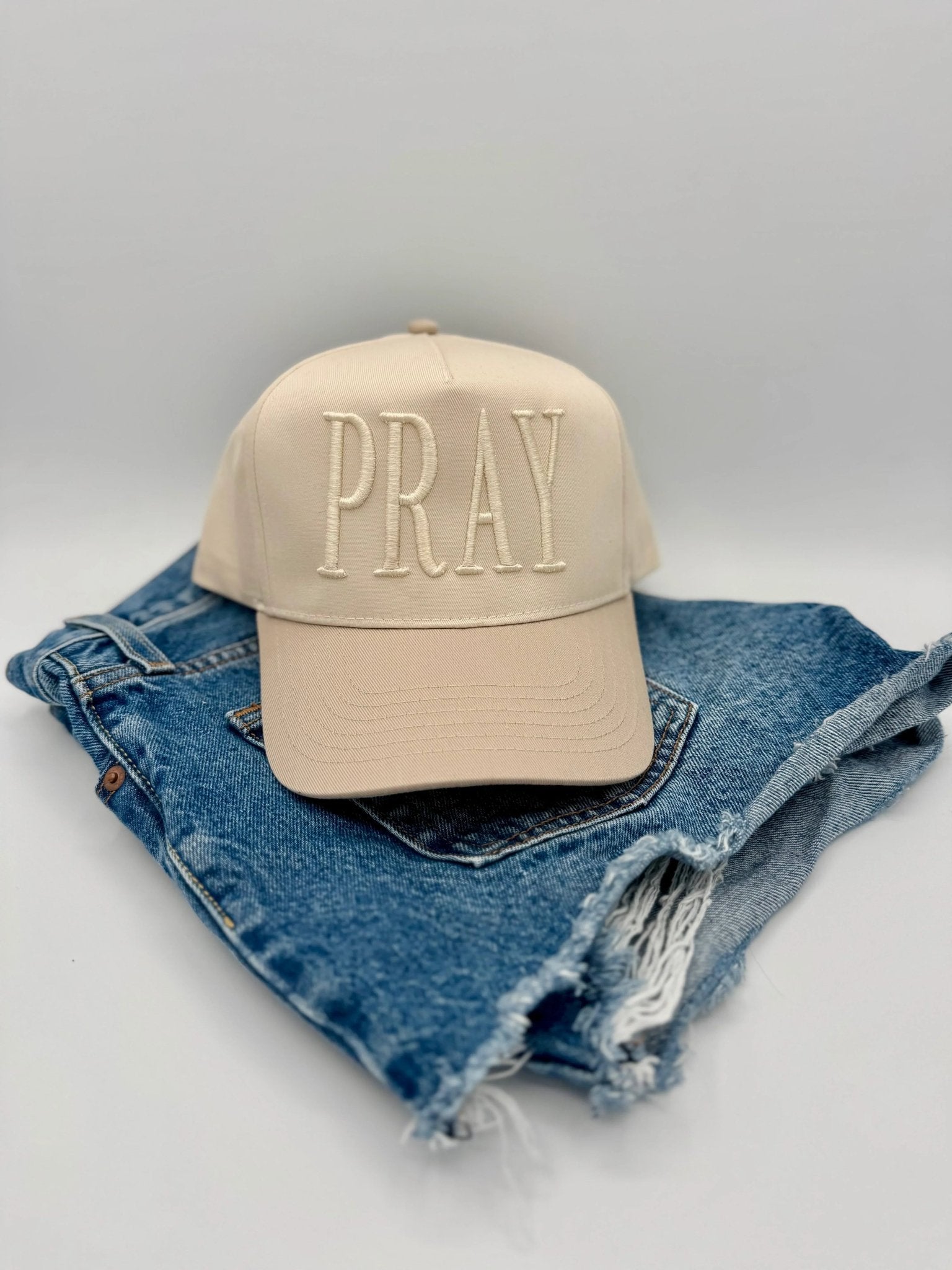 Monochromatic Puff Embroidered PRAY Hat | Christian Trucker Hat | Minimalist Faith Hat | 3D Puff Embroidery Cap | Religious Gift | Neutral Aesthetic Hat - Two & Gathered