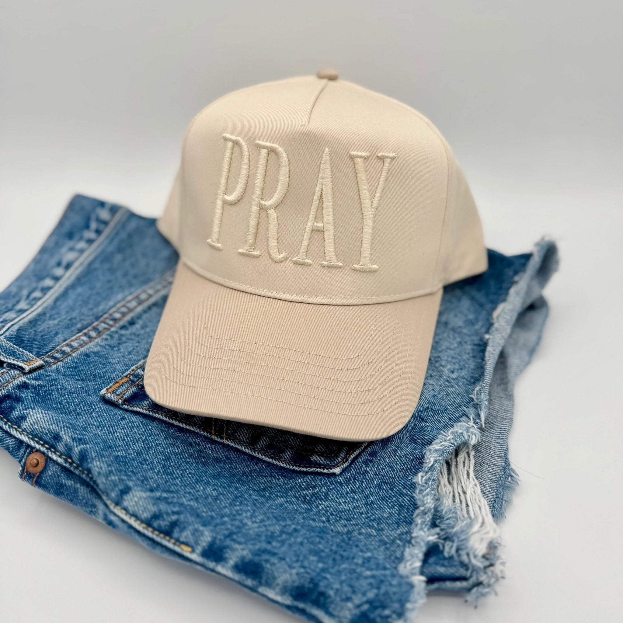Monochromatic Puff Embroidered PRAY Hat | Christian Trucker Hat | Minimalist Faith Hat | 3D Puff Embroidery Cap | Religious Gift | Neutral Aesthetic Hat - Two & Gathered
