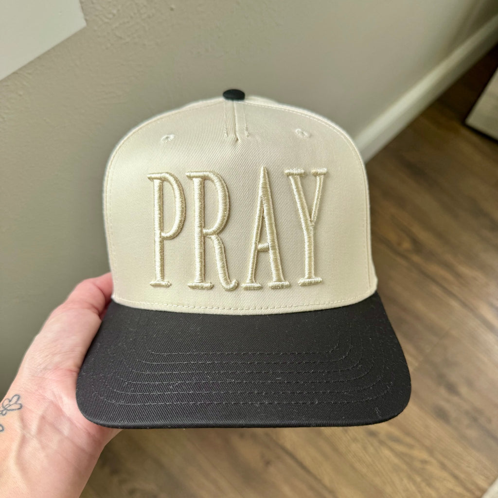 Monochromatic Puff Embroidered PRAY Hat | Christian Trucker Hat | Minimalist Faith Hat | 3D Puff Embroidery Cap | Religious Gift | Neutral Aesthetic Hat - Two & Gathered