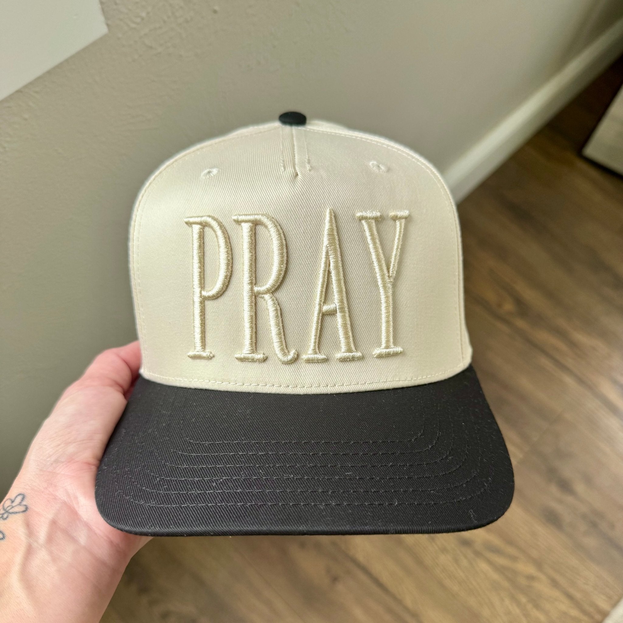 Monochromatic Puff Embroidered PRAY Hat | Christian Trucker Hat | Minimalist Faith Hat | 3D Puff Embroidery Cap | Religious Gift | Neutral Aesthetic Hat - Two & Gathered