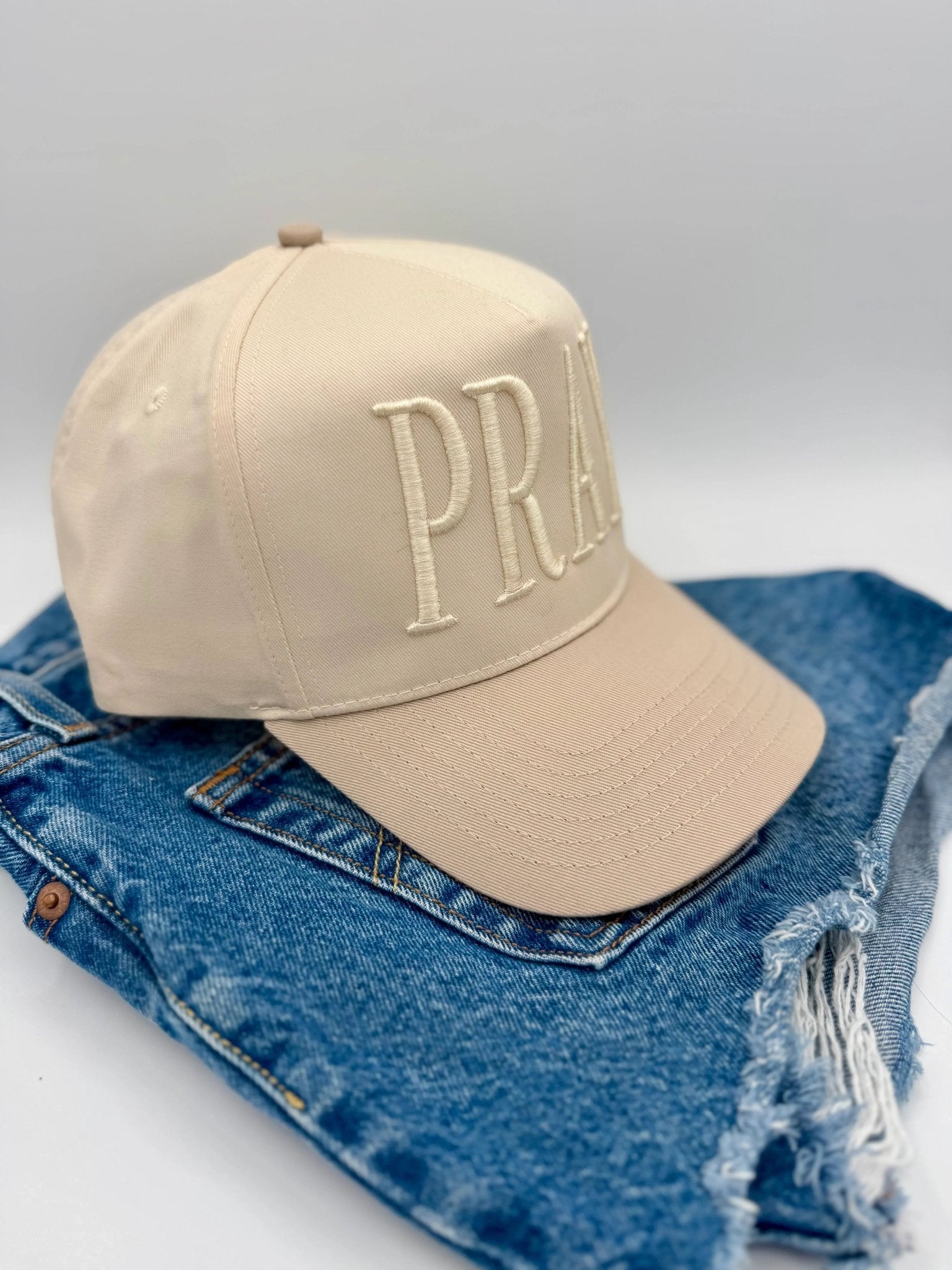 Monochromatic Puff Embroidered PRAY Hat | Christian Trucker Hat | Minimalist Faith Hat | 3D Puff Embroidery Cap | Religious Gift | Neutral Aesthetic Hat - Two & Gathered